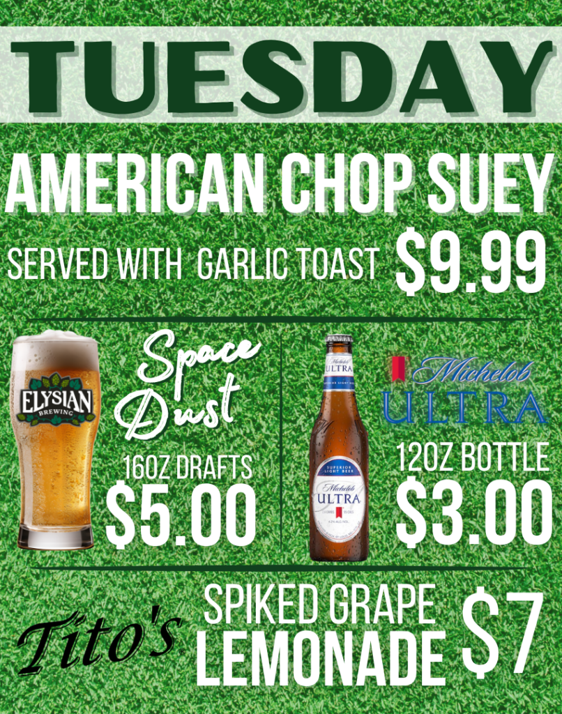 Daily Specials, Tuesday food and beverage specials